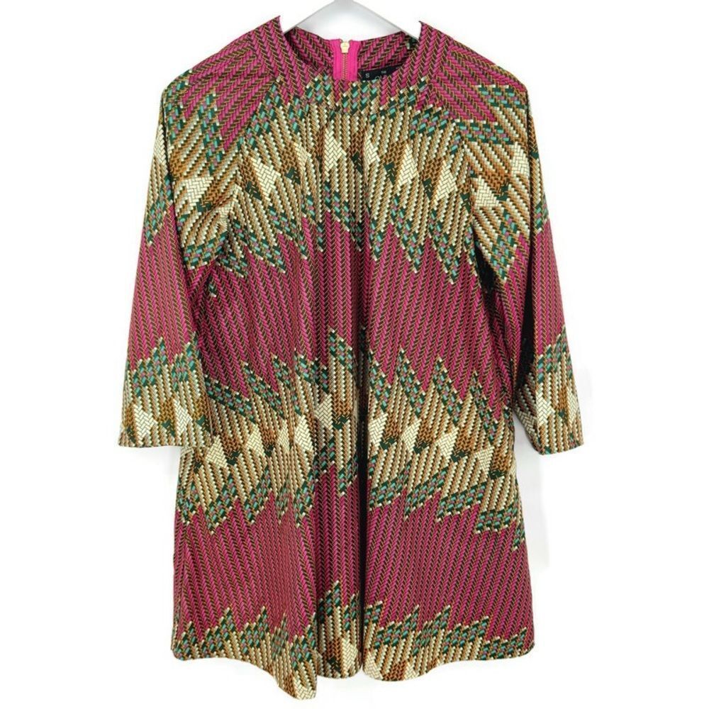 The Oula 3/4‎ Sleeve Trapeze Dress Pink Gold Green Geometric Print Rear Zip S - Picture 6 of 6